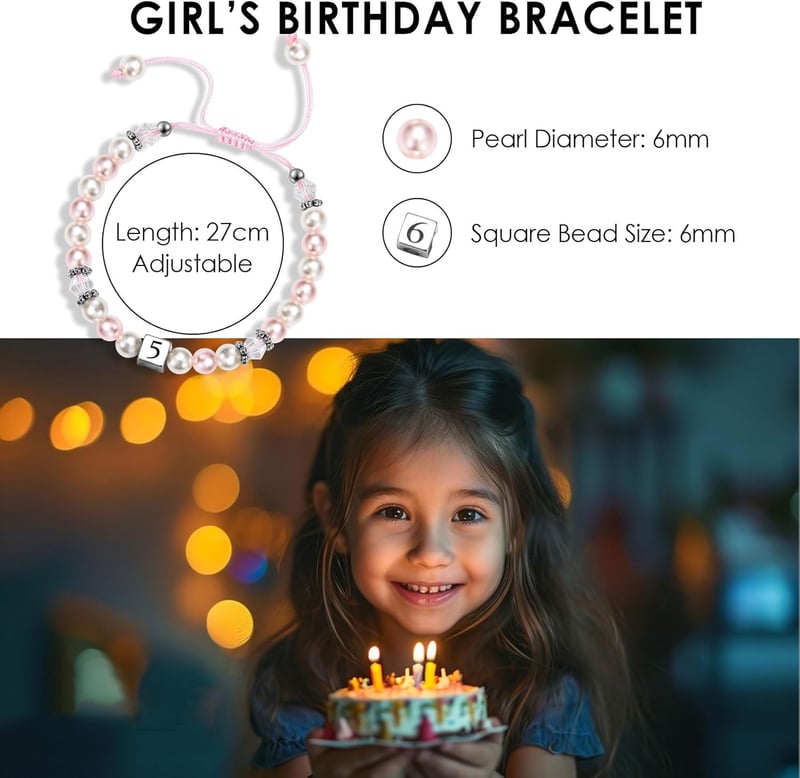 Birthday Bracelet for Girls 1-8 Years - Pink & White Pearls