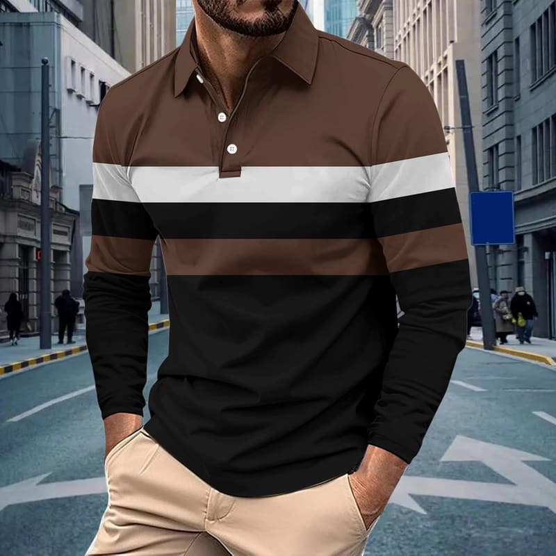 Men's Business Long Sleeve Polo Shirt with Lapel Buttons