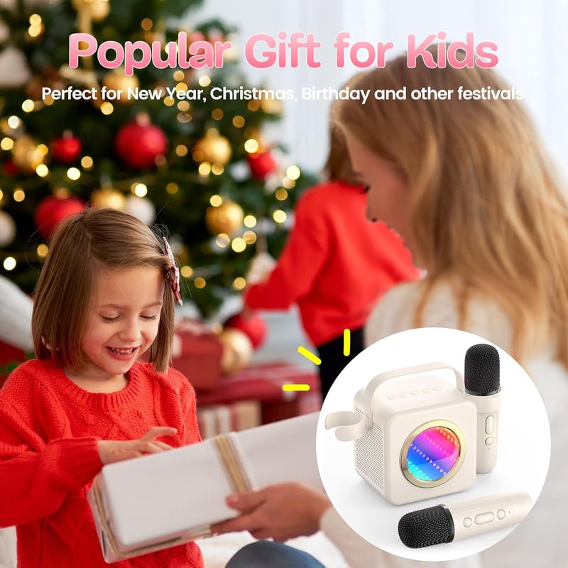 Karaoke Machine with Wireless Mic & LED Lights for Kids