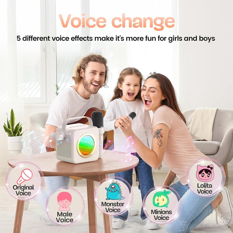 Karaoke Machine with Wireless Mic & LED Lights for Kids