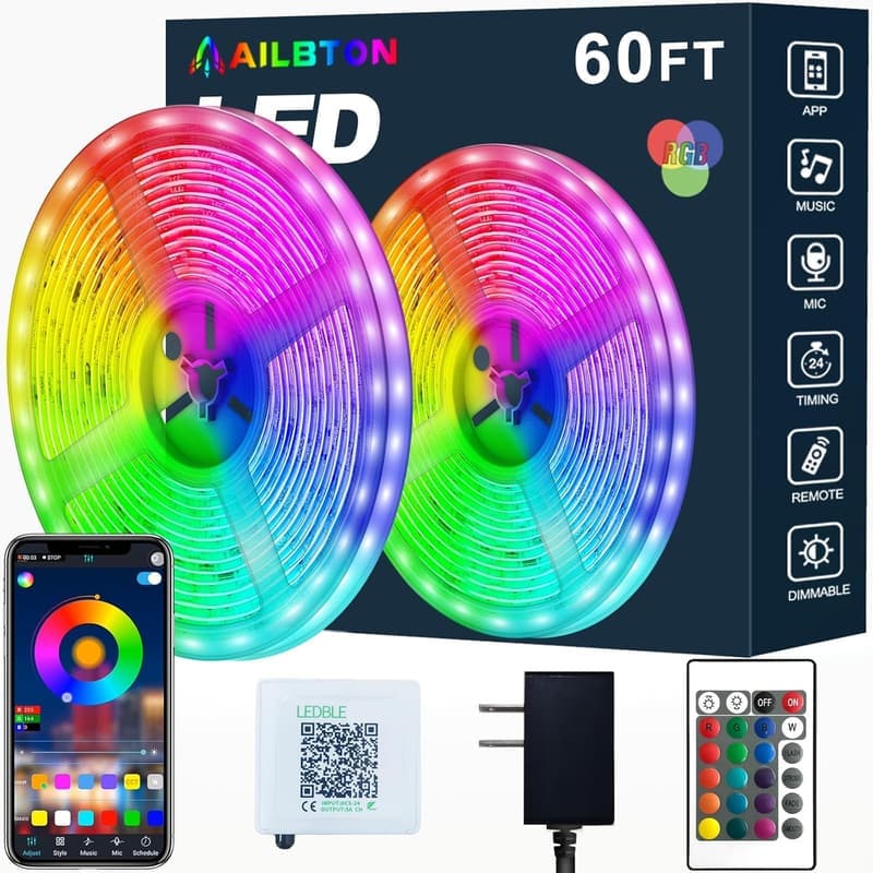 60ft Music Sync LED Strip Lights with Bluetooth Control