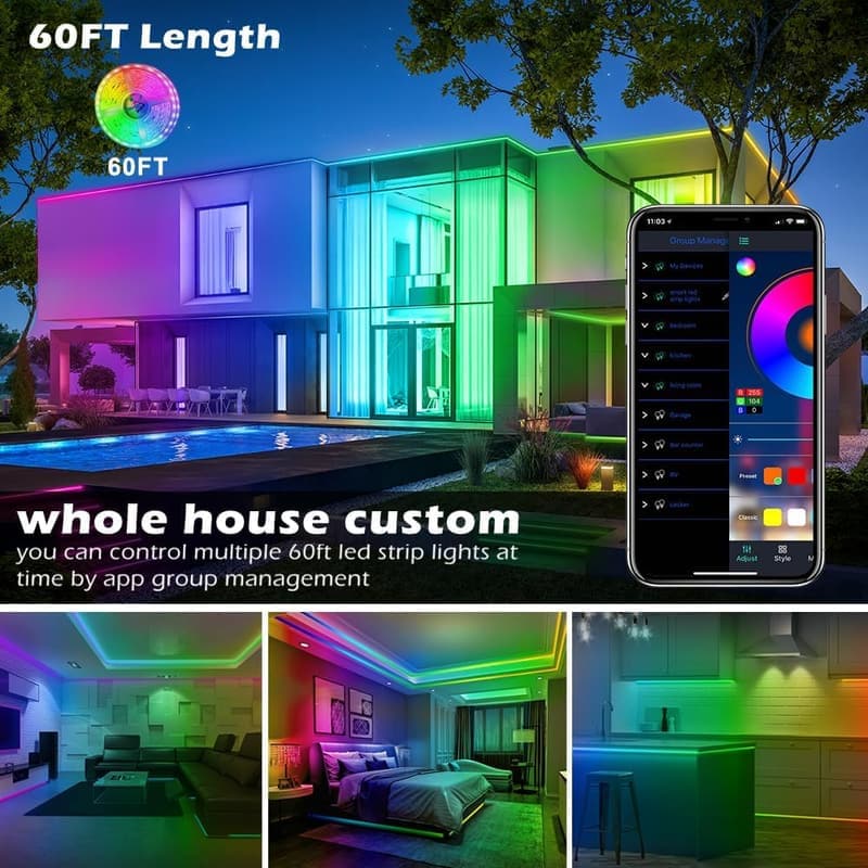 60ft Music Sync LED Strip Lights with Bluetooth Control