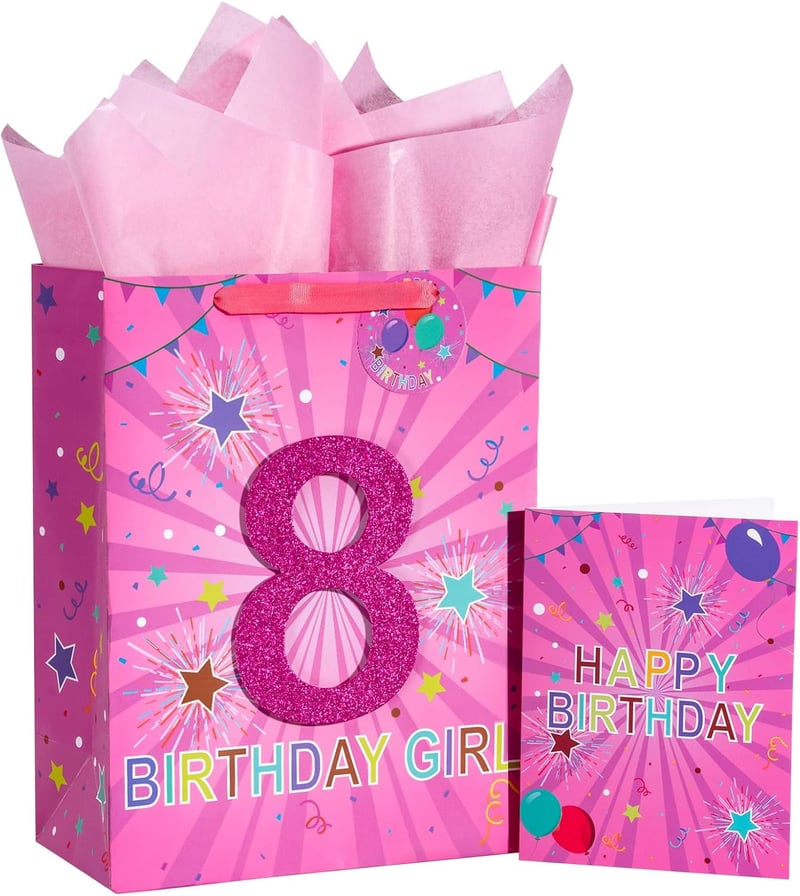 8th Birthday Pink Gift Bag with Tissue Paper & Tag for Girls