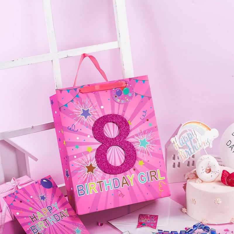 8th Birthday Pink Gift Bag with Tissue Paper & Tag for Girls