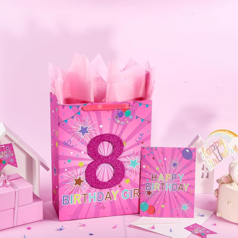 8th Birthday Pink Gift Bag with Tissue Paper & Tag for Girls