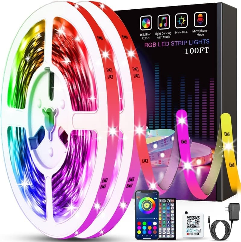 Color Changing LED Strip Lights 100ft with Remote & App Control
