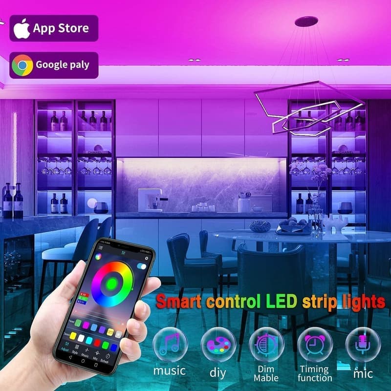 Color Changing LED Strip Lights 100ft with Remote & App Control