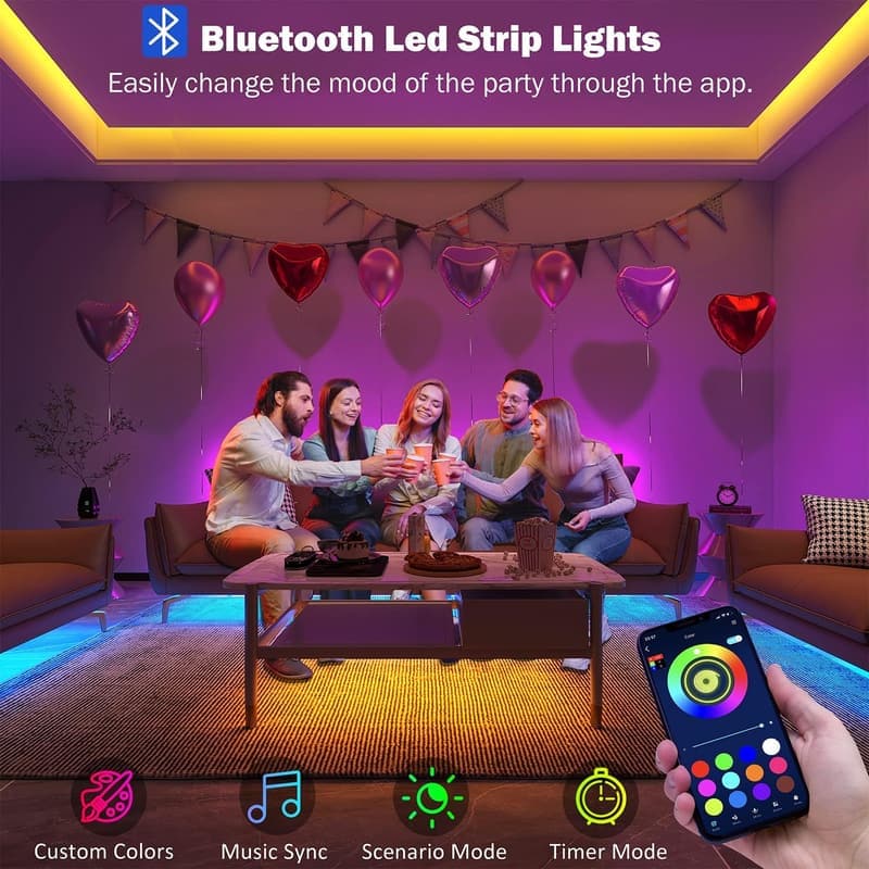 100 ft RGB LED Strip Lights with Music Sync & App Control