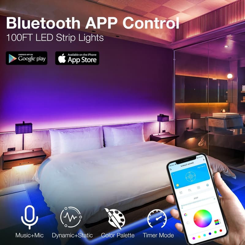 LED Strip Lights 100ft with App Control - RGB Color Changing for Home Decor