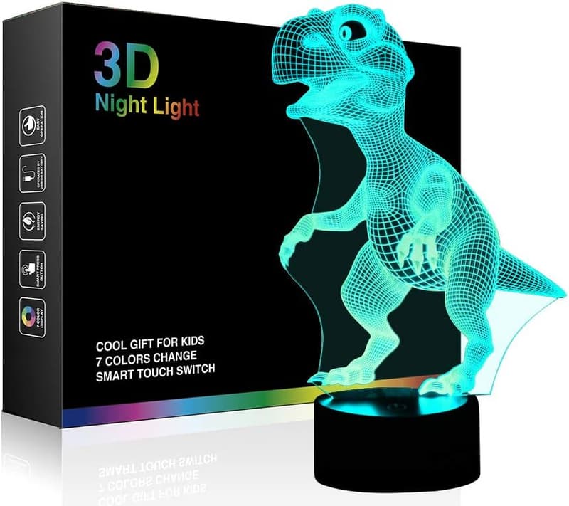Dinosaur 3D Night Lamp for Kids - Touch USB Rechargeable, 7 Colors