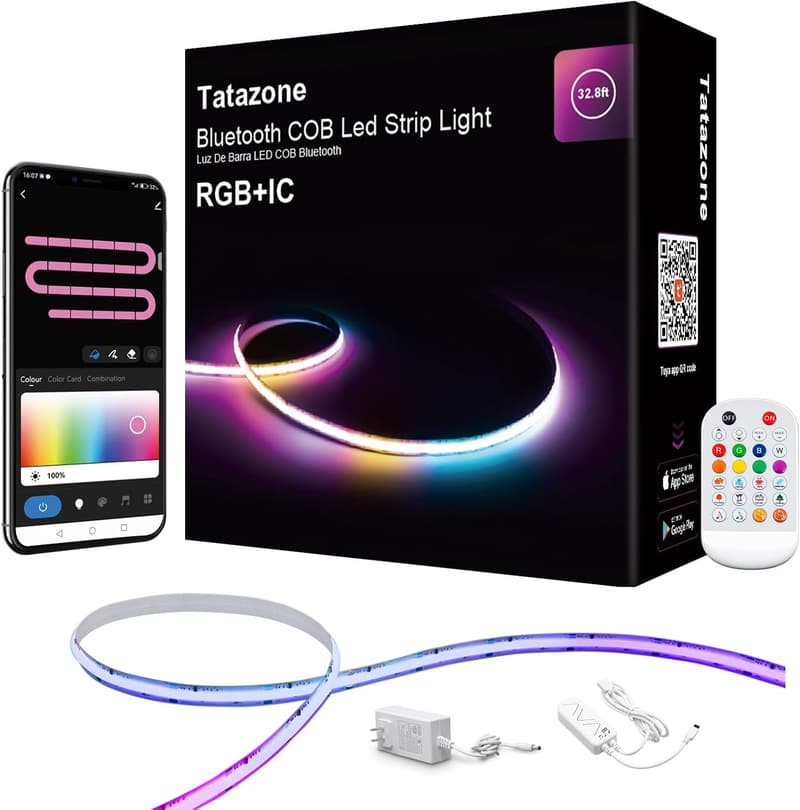 32.8ft Bluetooth RGB COB LED Strip Light - Music Sync & App Control