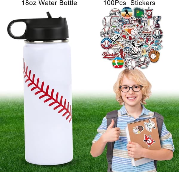 Baseball Gift Set for Boys 8-14: Water Bottle & 100 Stickers