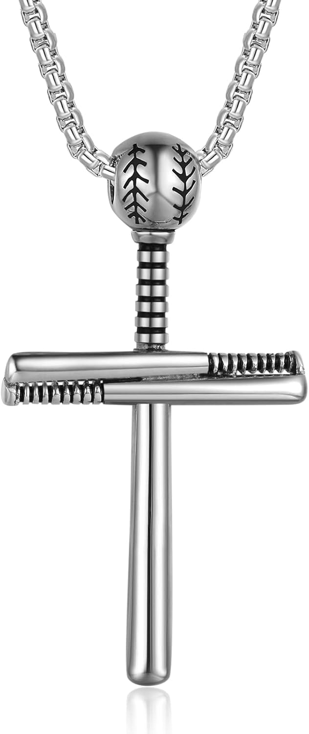 Personalized Men's Baseball Cross Necklace with Bat Charm