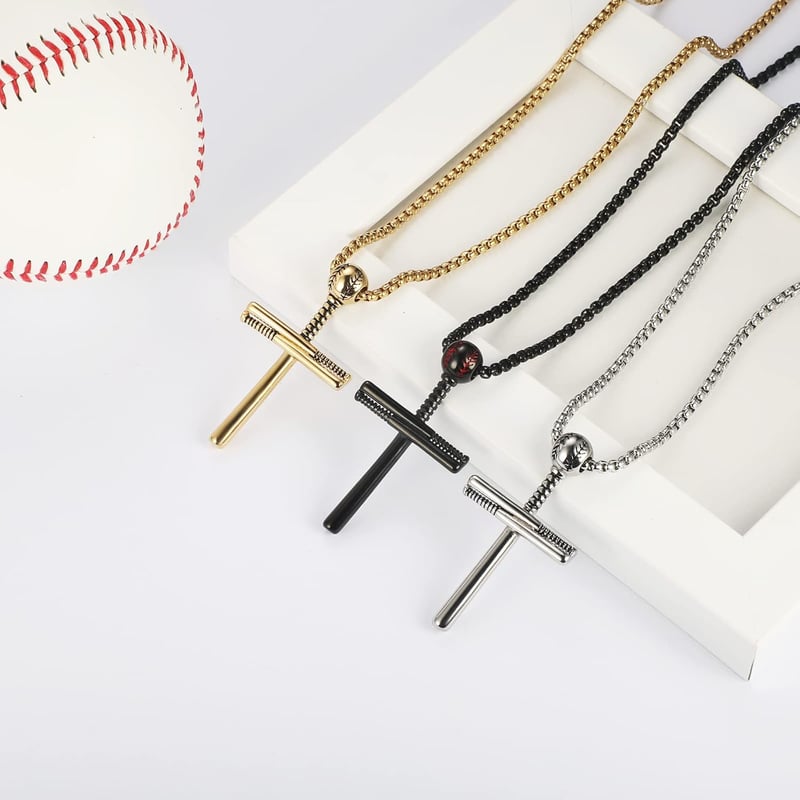 Personalized Men's Baseball Cross Necklace with Bat Charm