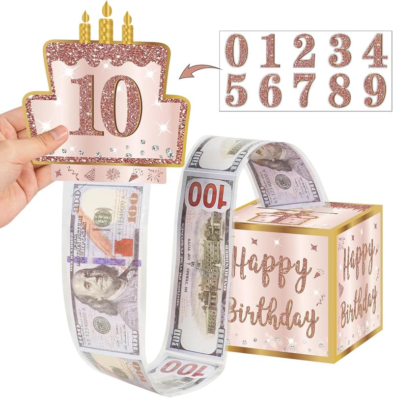 Pink Rose Gold Birthday Money Gift Box with DIY Stickers