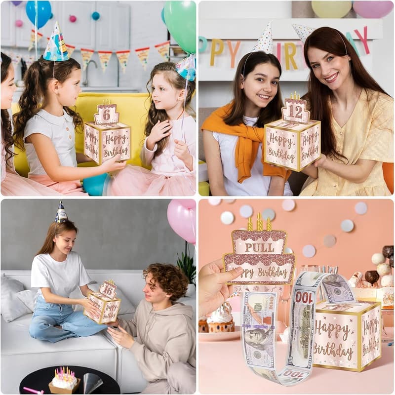 Pink Rose Gold Birthday Money Gift Box with DIY Stickers
