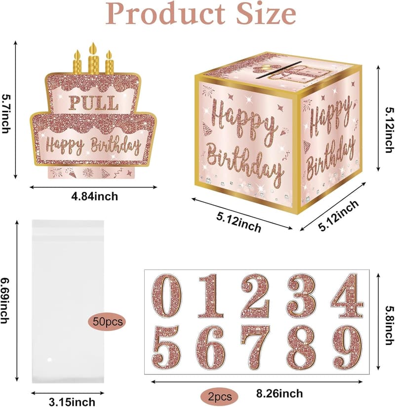 Pink Rose Gold Birthday Money Gift Box with DIY Stickers