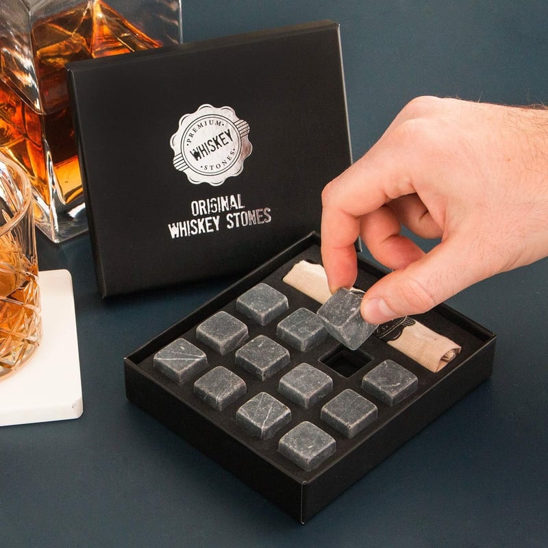 Whiskey Stones Gift Set with 12 Reusable Marble Cubes - Perfect for Birthdays