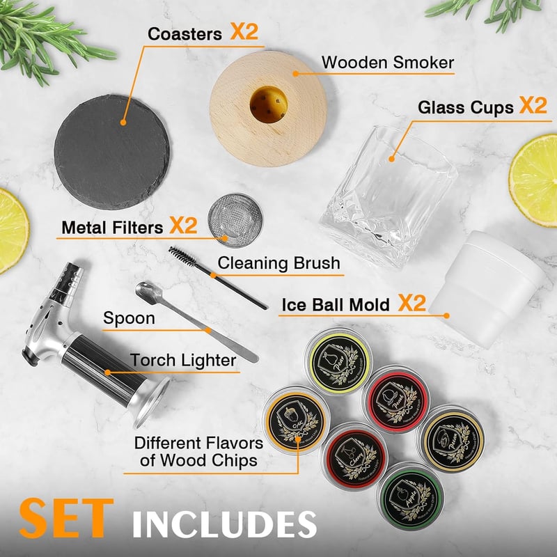 Whiskey Cocktail Smoker Kit with 6 Wood Flavors & Glasses