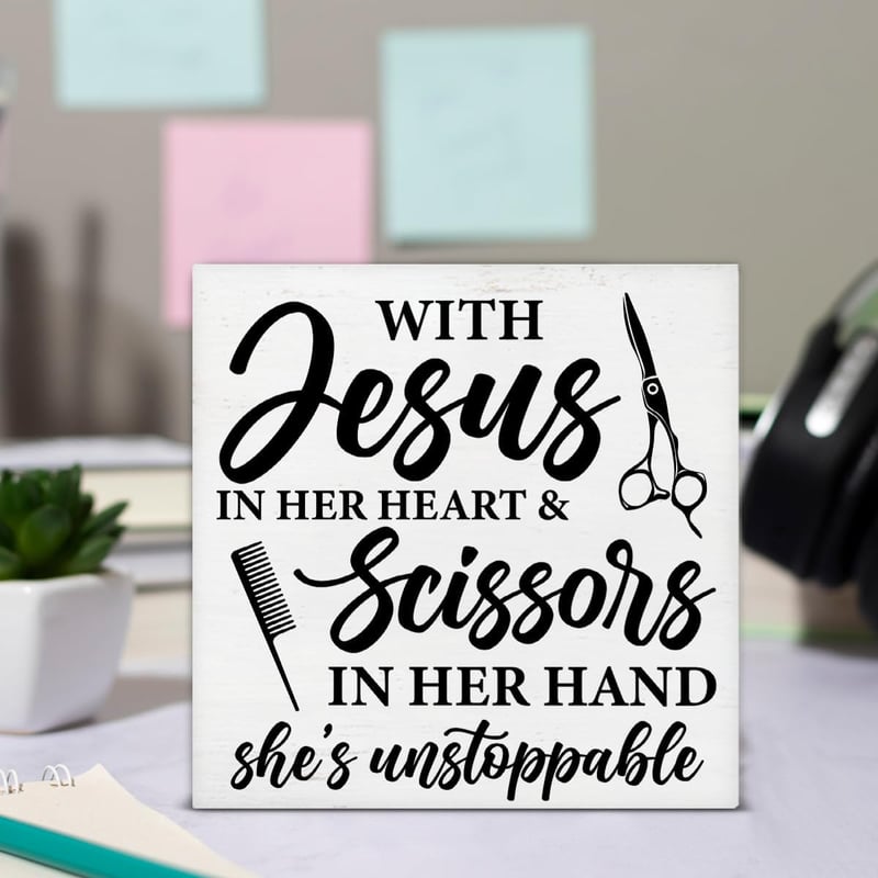 Hair Stylist Gift - Rustic Jesus & Scissors Wooden Sign (5x5)