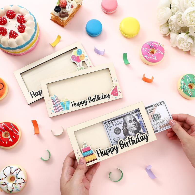 Birthday Money Gift Holder - Wooden Card Box & Cash Envelope