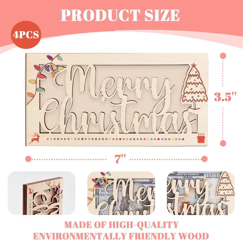 Christmas Wooden Money Holder - 4 PCS Cash Gift Envelopes