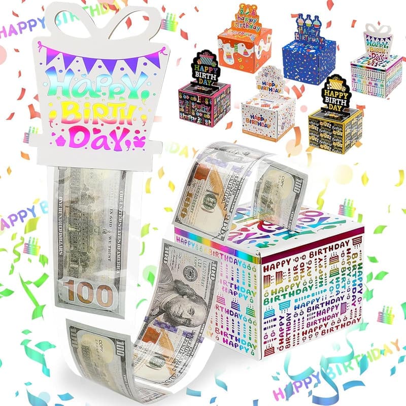 Colorful Birthday Money Box with Pull-Out Card & 48 Bags