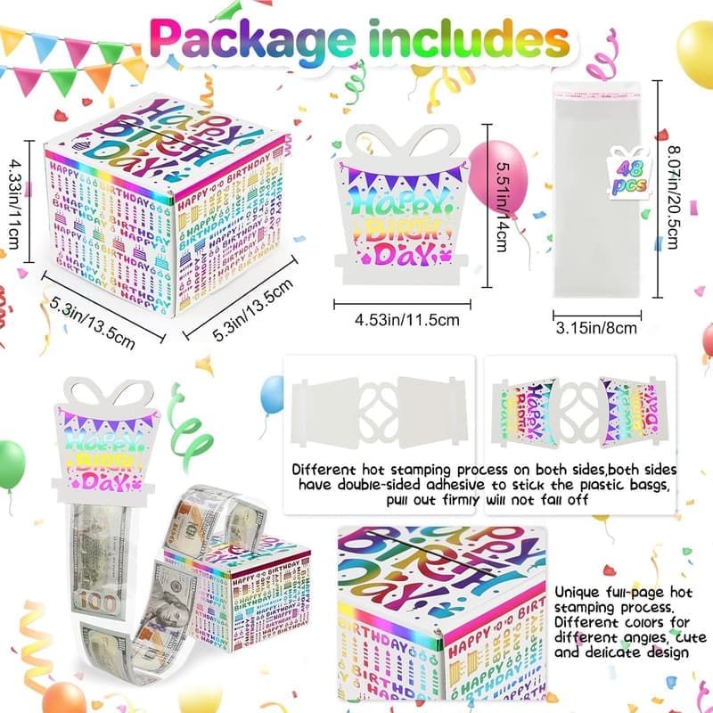 Colorful Birthday Money Box with Pull-Out Card & 48 Bags