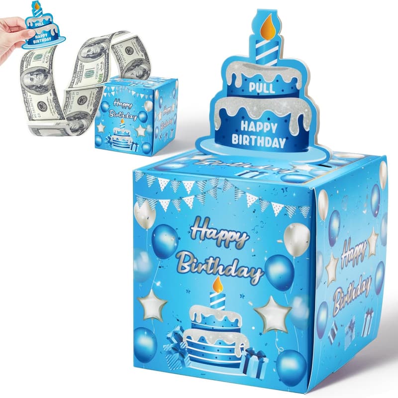 Sky Blue Birthday Money Box with Pull-Out Card