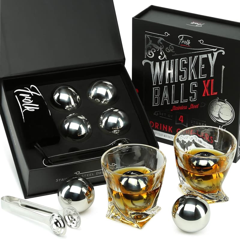 Whiskey Lover's Gift Set: 4 XL Stainless Steel Ice Balls & Tongs