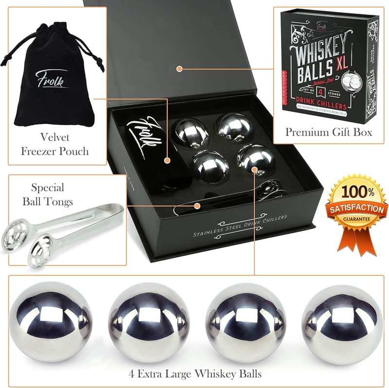 Whiskey Lover's Gift Set: 4 XL Stainless Steel Ice Balls & Tongs