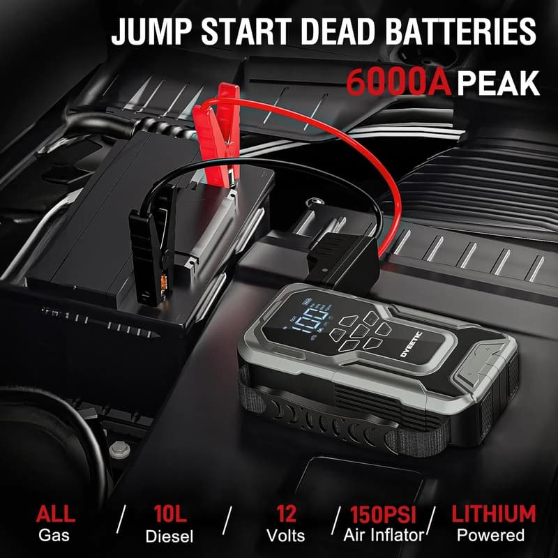 6000A Portable Car Jump Starter & Air Compressor, 12V