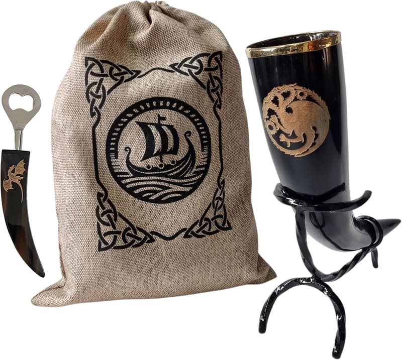 Viking-Style Dragon Ale Horn with Stand & Bottle Opener