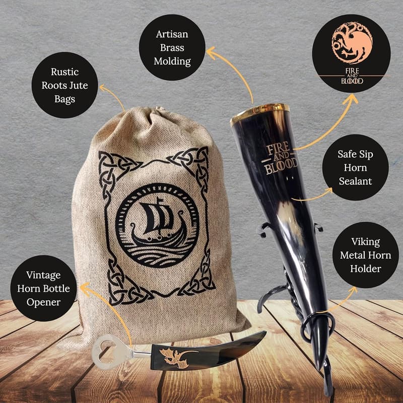 Viking-Style Dragon Ale Horn with Stand & Bottle Opener