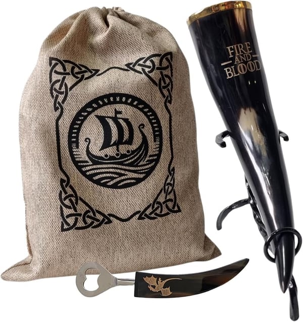 Viking-Style Dragon Ale Horn with Stand & Bottle Opener