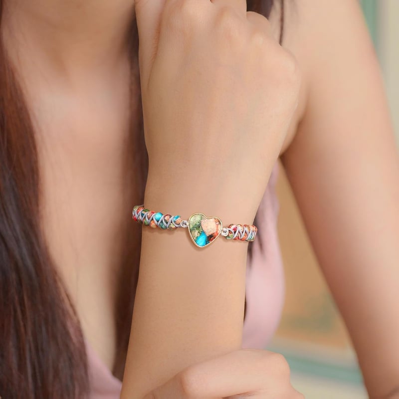 Handmade Jasper Heart Bracelet for Women - Boho Natural Stone