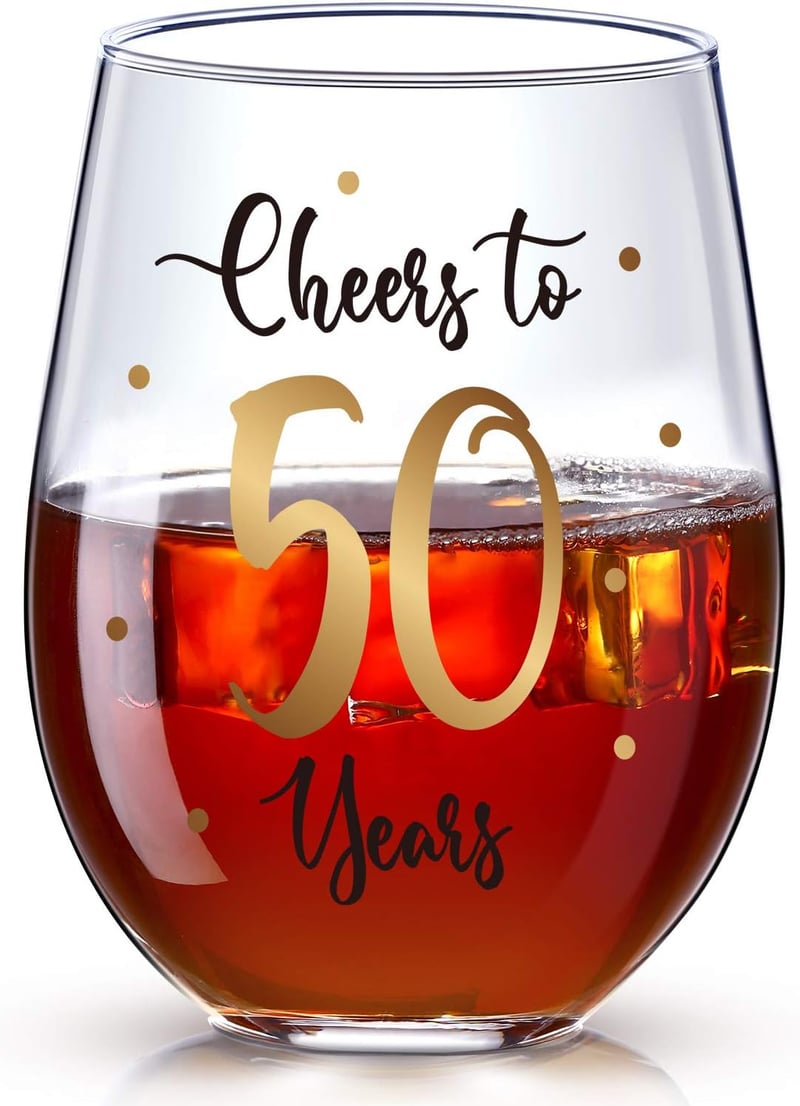 50th Birthday Stemless Wine Glass - Gold Cheers Design, 17 oz