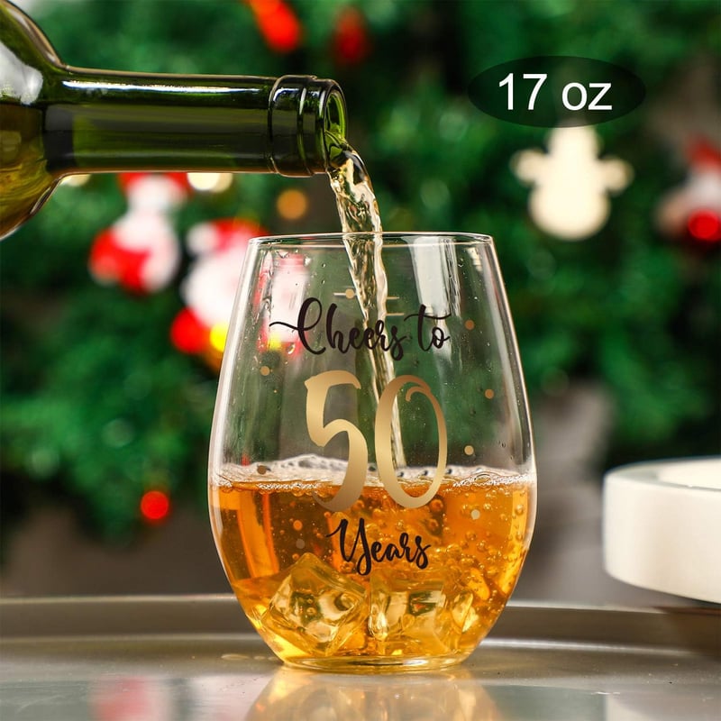 50th Birthday Stemless Wine Glass - Gold Cheers Design, 17 oz