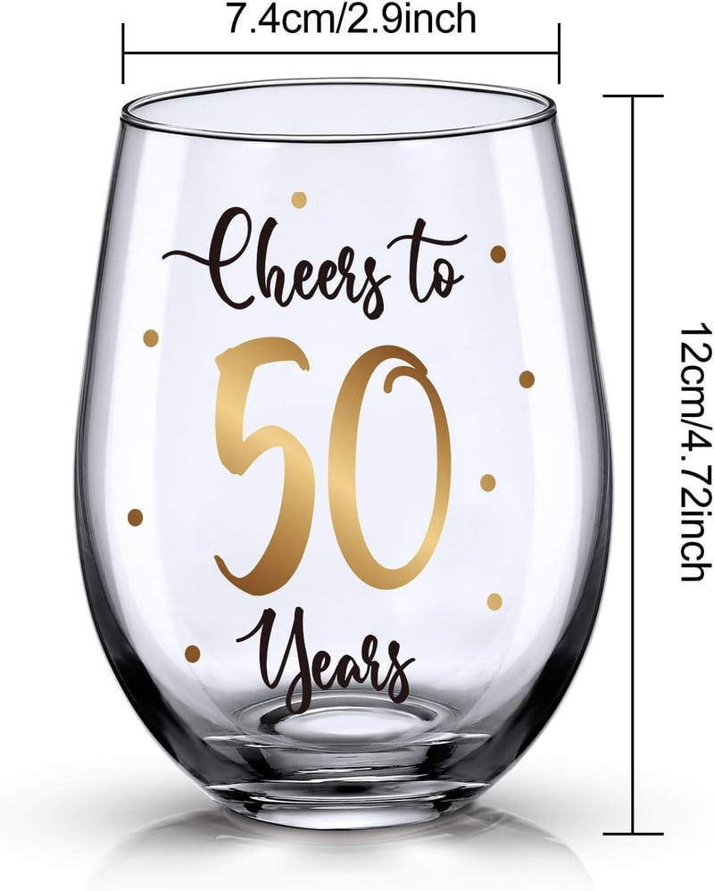 50th Birthday Stemless Wine Glass - Gold Cheers Design, 17 oz