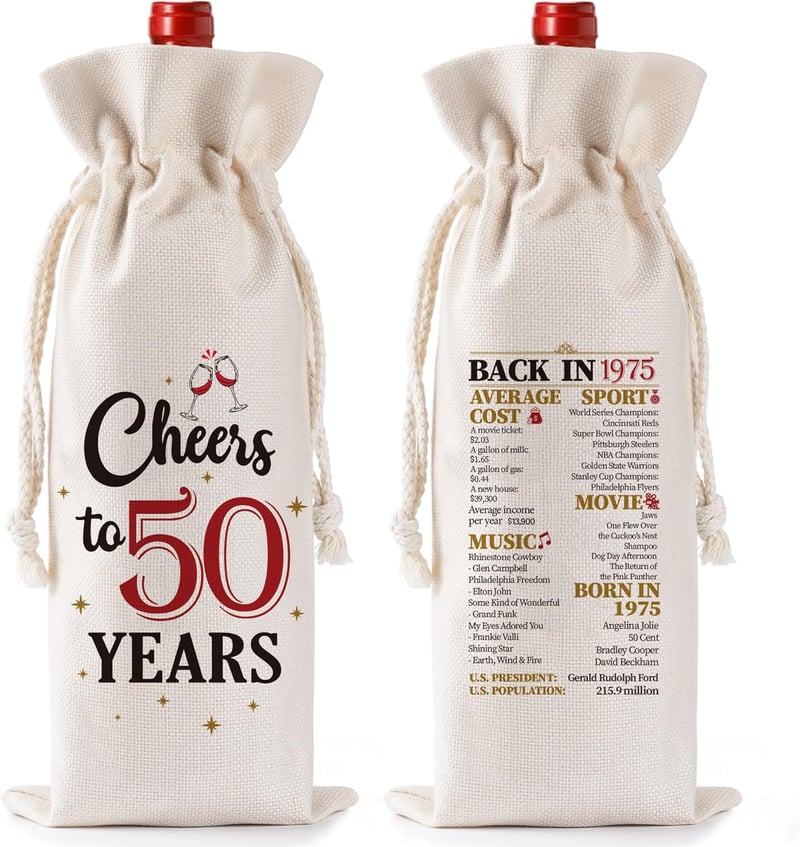 50th Birthday Wine Bag - Reusable Burlap with Drawstring