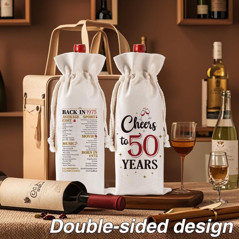 50th Birthday Wine Bag - Reusable Burlap with Drawstring