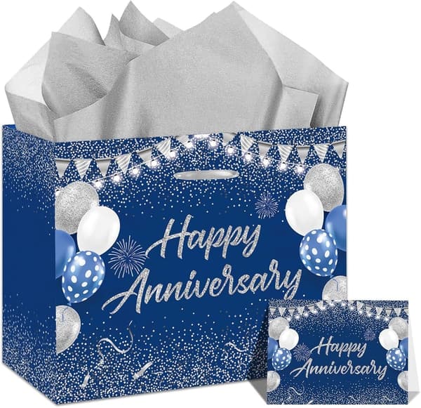 Silver Anniversary Gift Bag with Tissue Paper & Card for Couples