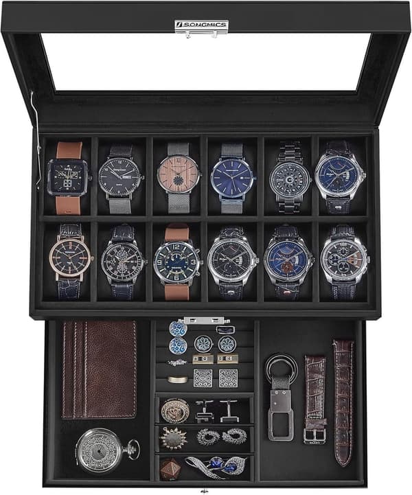 Lockable 12-Slot Watch Box with Drawer - Black Leather