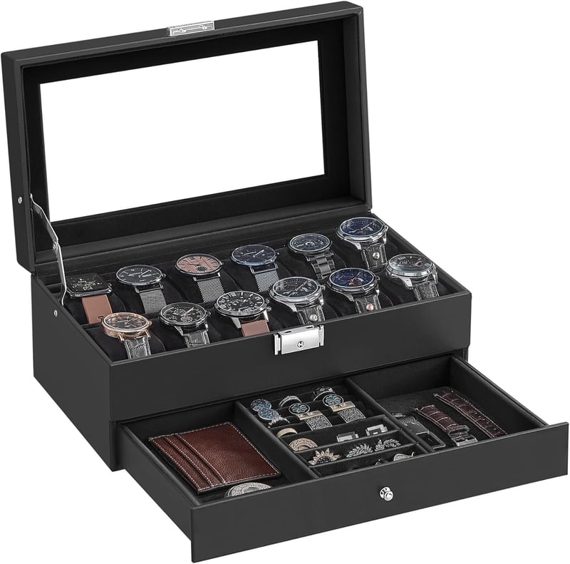 Lockable 12-Slot Watch Box with Drawer - Black Leather