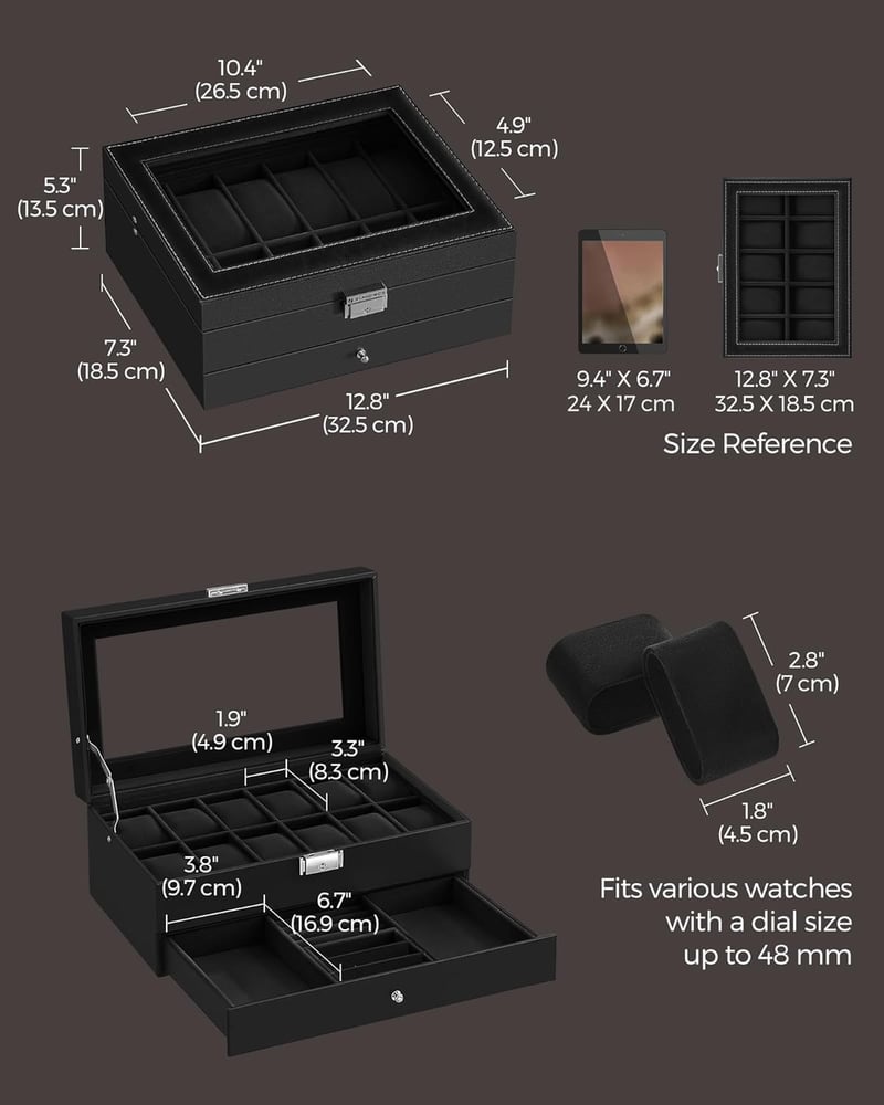 Lockable 12-Slot Watch Box with Drawer - Black Leather
