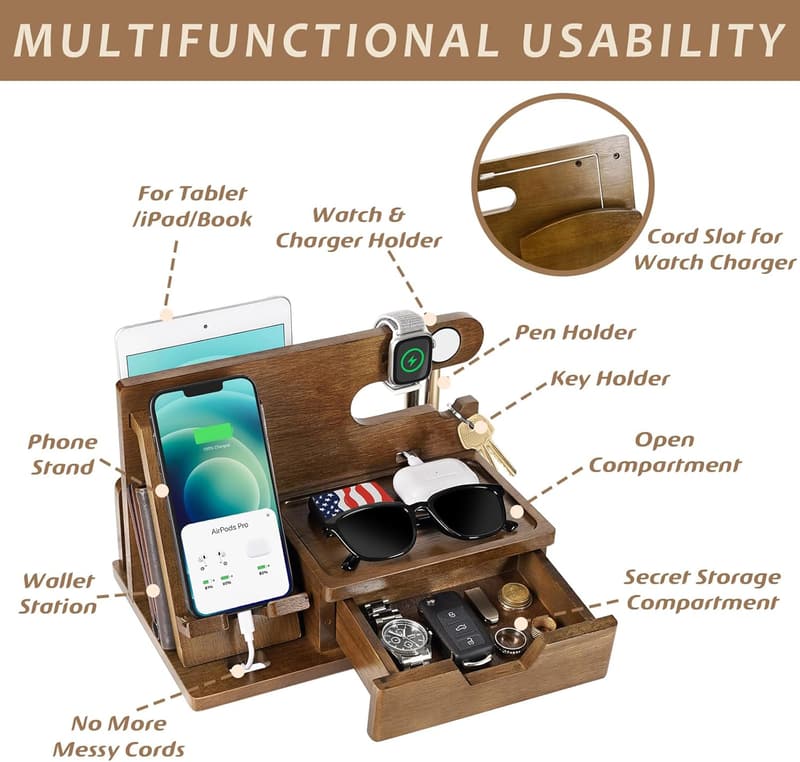 Wood Phone Docking Station with Drawer - Ideal for Father's Day