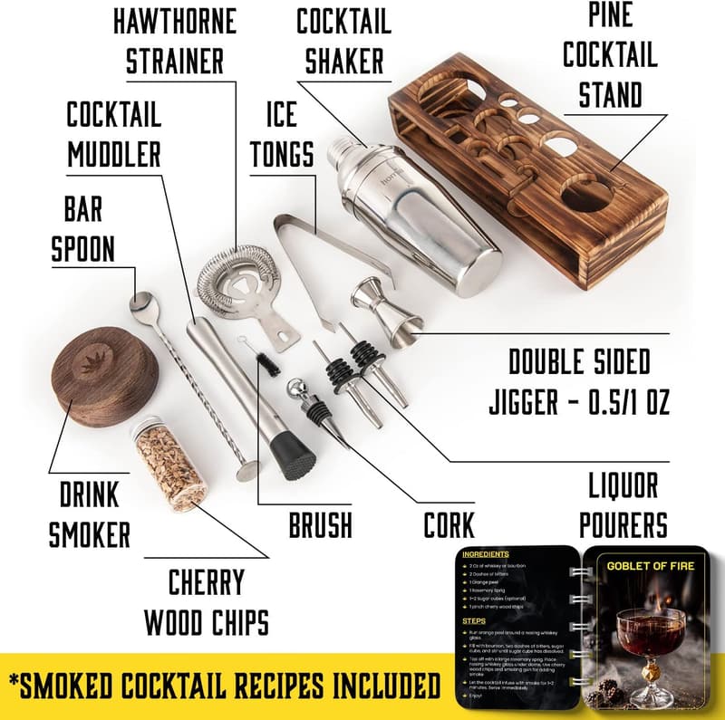 13-Piece Bartender Kit with Whiskey Smoker & Pine Stand