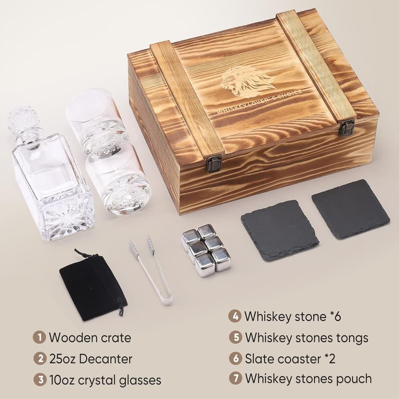 Whiskey Decanter Set with Glasses & Stainless Steel Stones