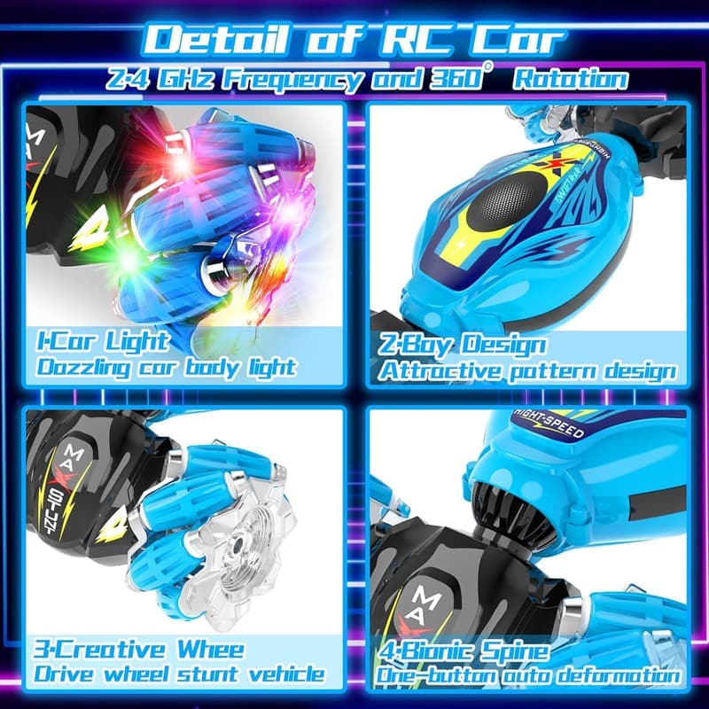 Gesture Controlled RC Stunt Car for Kids, 360° Rotation, Blue