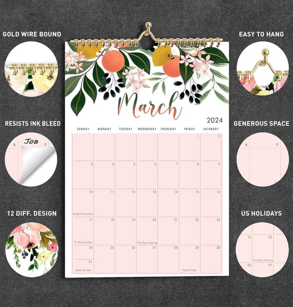 2024 Spiral-Bound Wall Calendar, 12